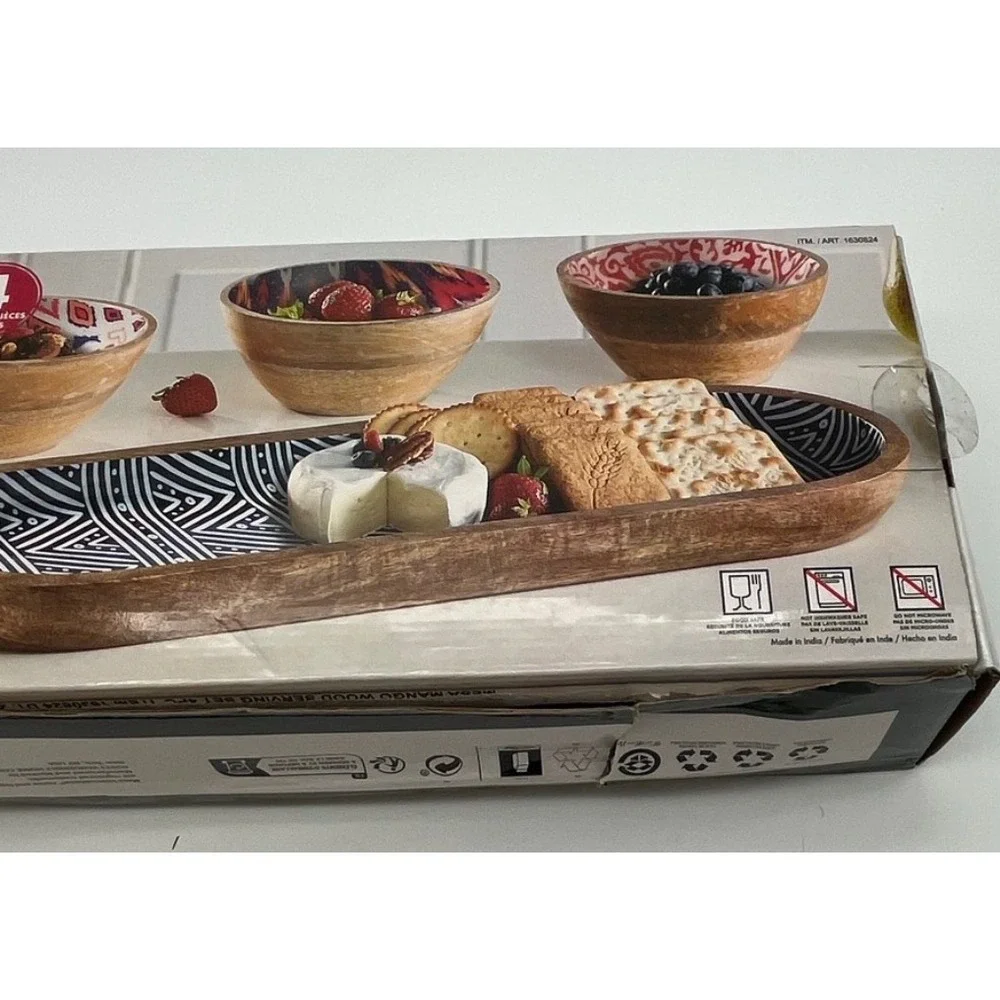 MESA Mango Wood Serving Set 4 Piece Ikat‎ Geometric Patterns Tray & 3 Bowls NEW